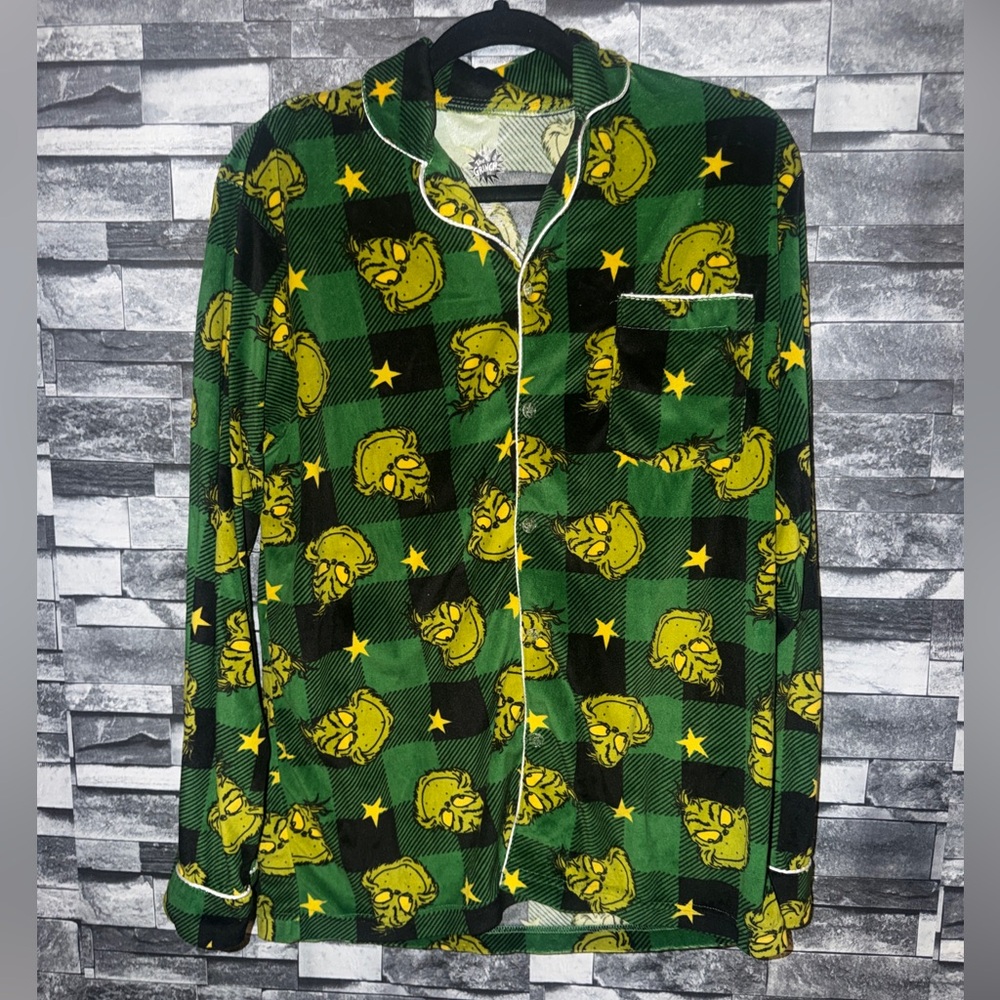 Men’s THe Grinch Green & Yellow Graphic Plaid Men's Long-Sleeve Button size M